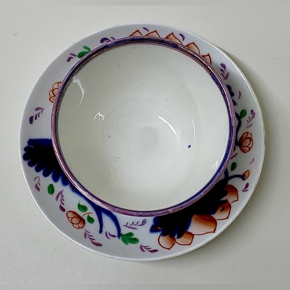 19th Century Antique Gaudy Welsh Grape Pattern Miniature Handleless Cup & Saucer - Picture 16 of 16